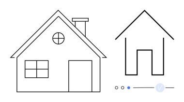 Birbirinin yanında farklı tarzlarda iki ev çizimi, seçim göstergesi, ayrıntılı ve minimalist tasarım arasında karşılaştırma. Mimarlık, grafik tasarım, minimalizm ve tasarım için ideal
