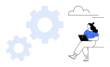 Büyük viteslere ve buluta bitişik bir dizüstü bilgisayarda oturan ve çalışan biri. Teknoloji, yenilik, bulut hesaplama, veri işleme, mühendislik, dijital çalışma alanları ve uzaktan kumanda gibi konular için ideal