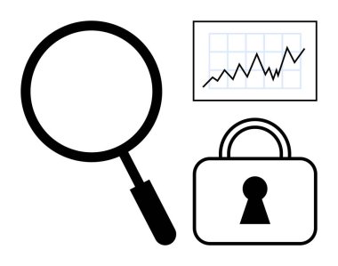 Büyüteç, asma kilidin yanında yükselen bir çizgi grafiğini analiz ediyor. Temalar için ideal veri analizi, güvenlik, şifreleme, iş büyümesi, piyasa araştırması, finansal analiz ve gizlilik