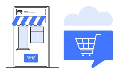 Akıllı telefon ekranında alışveriş arabası ikonuyla perakende mağazası alışveriş arabasıyla sohbet balonu, bulutlar yukarıda. E-ticaret, çevrimiçi alışveriş, dijital pazarlama, mobil uygulamalar, perakende sektörü, sanal iş için ideal