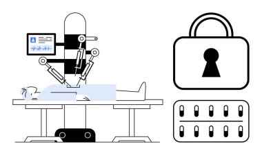 Güvenlik ve veri korumasını temsil eden bir kilit sembolü ve klavyesi olan bir hastayı ameliyat eden robot cerrahi sistem. Sağlık, teknoloji, siber güvenlik, tıbbi yenilik ve dijital için ideal