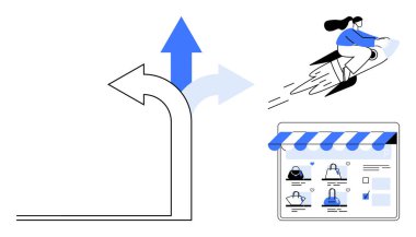 Yukarı ve sağa doğru mavi oklar, roketin üzerinde bir insan ve ürün simgeleriyle çevrimiçi bir alışveriş sayfası. Ticari büyüme, e-ticaret, dijital pazarlama, yenilik ve teknoloji için ideal