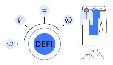 DEFI central circle connected to heart, house, cart, gear icons. Clothing on rack, low poly rock elements. Ideal for finance, technology retail home automation fashion. Line metaphor clipart