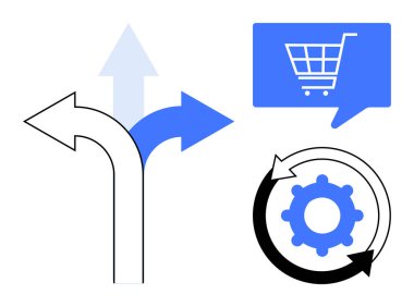 Farklı yönlerdeki seçenekleri gösteren oklar, süreci temsil eden vites sembolü ve e-ticareti gösteren alışveriş arabası simgesi. İş stratejisi, iş akışı, karar verme, İnternet için ideal
