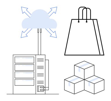 Sunucuya bağlı bulut deposu veri dağıtımı, e-ticareti temsil eden alışveriş torbası ve nakliye için kutular. Çevrimiçi perakende satış, bulut hesaplama, lojistik, veri yönetimi, depolama için ideal