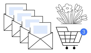 İçinde mektuplar bulunan dört zarf, tebligatlı alışveriş arabası ve çiçekler. Dijital iletişim için ideal, çevrimiçi alışveriş, bildirimler, e-ticaret, müşteri hizmetleri, pazarlama