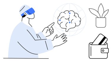 VR kulaklık takan biri, bir bitkinin ikonlarıyla çevrili bir beyin hologramına ve kartlı bir cüzdana işaret ediyor. Teknoloji, sanal gerçeklik, nörobilim, sağlık ve eğitim için ideal
