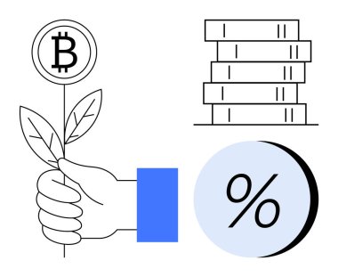 Bitcoin sembolü, bozuk para yığını ve yüzde sembolü olan bir bitki tutuyorum. Finans, kripto para birimi, yatırım, büyüme, tasarruf, ekonomi ve dijital para birimi temaları için ideal. Satır metaforu