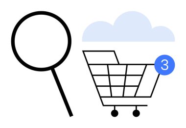 Alışveriş arabasının yanında büyüteç, üçe kadar sayacağım ve bir de bulut sembolü. E-ticaret, çevrimiçi alışveriş, perakende satış, bulut hesaplama, arama, internet hizmetleri, dijital