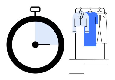 Siyah ve beyaz zamanlayıcı, tişört, elbise ve pantolonun üzerindeki kıyafetlerin yanında. Zaman yönetimi, verimlilik, moda endüstrisi, kişisel stil, organizasyon etkinliği dakikliği için idealdir. Çizgi