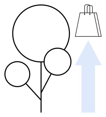 Üç dairesel şekilli ince çizgili ağaç ve basit alışveriş çantasının yanında yukarı doğru büyük bir ok. Ticari büyüme, perakende başarı, sürdürülebilirlik, çevre dostu ürünler, yatırım, pozitif