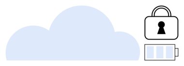 Altında güvenlik kilidi ve bataryası olan bir bulut sembolü. Veri güvenliği, bulut depolama, teknoloji, enerji verimliliği, sürdürülebilirlik, bilişim altyapısı ve gücü temsil etmek için ideal