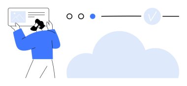 Elinde bir cihaz tutan kadın, bulut depolama sürecini noktalarla ve doğrulama tiğiyle gösteren aşamalarla izliyor. Dijital bulut hizmetleri, veri yönetimi, teknoloji, iş akışı, kullanıcı için ideal