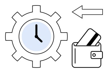 Bir teçhizatın içindeki saat, içinde kredi kartı olan bir cüzdanı işaret eden bir ok ile. Temalar için ideal zaman yönetimi, bütçe planlaması, mali planlama, üretkenlik araçları, verimlilik, iş