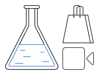 Laboratory flask with blue liquid, shopping bag with handles, square button, and play button. Ideal for science, research, commerce, shopping media education and technology. Line metaphor clipart