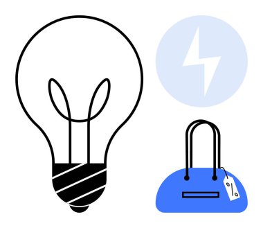 Ampul, elektrik sembolü ve çanta yenilik, enerji ve moda kavramlarını iletir. Yaratıcılık, girişimcilik, girişimcilik, sürdürülebilir enerji perakende alışveriş ve ürün tasarımı için ideal