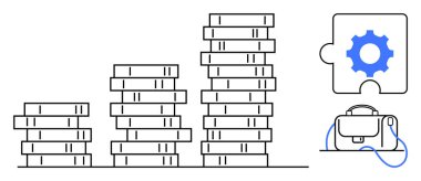 Yükselen madeni paralar, mavi dişli yapboz parçaları ve bir çanta. Finans, yatırım, strateji, mali büyüme, iş planlaması, ekonomik analiz için ideal