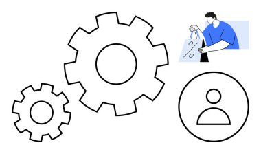 Çevrimiçi ve kullanıcı simgesiyle takım çalışmasını temsil eden büyük ve küçük dişliler. E-ticaret, teknoloji, işbirliği, alışveriş, takım yönetimi, dijital pazarlama, iş stratejisi için ideal