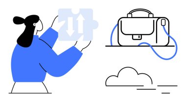 İki yönlü okları olan bir yapboz parçası, masada bir evrak çantası ve bir bulut tutan bir kadın. Çalışma örgütü, problem çözme, takım çalışması, serbest çalışma, uzaktan çalışma, bulut hesaplama, dijital