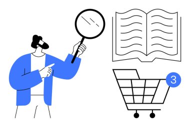 İnsan açık kitabı büyüteçle inceler, alışveriş arabası da üç numaralı bildirimle. Çevrimiçi alışveriş, eğitim, araştırma, e-ticaret, dijital okuryazarlık, analiz öğrenme için ideal. Çizgi