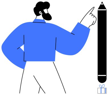 Mavi ceketli bir adam büyük bir kalemi işaret ediyor, fikirleri ve yaratıcılığı simgeliyor, küçük bir hediye kutusuyla. Eğitim, beyin fırtınası, tasarım, yenilik, ilham, öğretim için ideal
