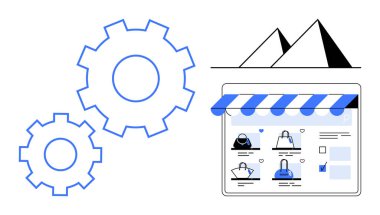 Alışveriş elemanları, bitişik dişli mekanizmaları ve piramit arkaplanı olan e-ticaret mağaza önü ekranı. Çevrimiçi perakende satış, teknoloji entegrasyonu, dijital pazarlama, ürün gösterisi, iş dünyası için ideal