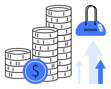 Dolar işareti, el çantası ve yükselen oklarla dolu bozuk paralar. Ekonomik büyüme, tüketici harcamaları, mali yatırım, tasarruflar, perakende satış kar artırımı bütçesi için ideal. Satır metaforu