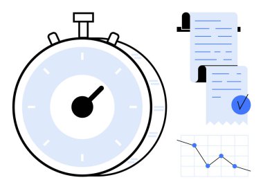 Bir kronometre yanında mavi işaretli bir kontrol listesi ve veri işaretli bir çizgi grafiği. İş Planlama Zaman Yönetimi Proje İzleme Veri Analizi için ideal. Basit modern biçim