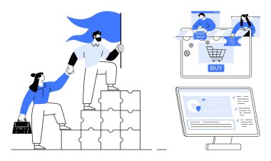 İş ortakları merdiven bulmacasındaki başarılarını, ekranda dijital alışveriş arabasını, analitik gösteren bilgisayarları kutluyor. Takım çalışması için ideal, başarı, çevrimiçi alışveriş, e-ticaret, dijital