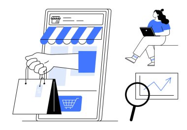 Mobil mağaza uygulamasındaki el çantası, dizüstü bilgisayar kullanan kadın, grafiğin üzerinde büyüteç. E-ticaret, çevrimiçi alışveriş, mobil uygulamalar, dijital pazarlama, veri analizi, tüketici için ideal