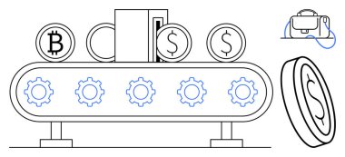 Bitcoin ve dolar sembollü sikkeler, altında vites ve yanında dijital cüzdan olan bir taşıma bandı üzerinde hareket eder. Fintech, kripto para birimi, dijital para birimi, otomasyon, finans, yatırım için ideal