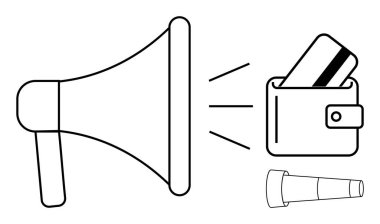 Kredi kartı tutan bir cüzdanda ses dalgaları yansıtan megafon. Finansal promosyonlar, reklamcılık, dijital pazarlama, e-ticaret, çevrimiçi alışveriş, perakende satış, bankacılık için ideal. Satır metaforu