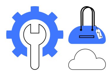 Çarkın içinde anahtar, üzerinde fiyat etiketi olan el çantası ve bulut. Teknoloji, onarım, e-ticaret, alışveriş, çevrimiçi hizmetler, bulut hesaplama yeniliği için ideal. Satır metaforu