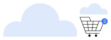 Büyük bir bulutun yanında 3 bilgilendirme ikonu olan alışveriş arabası. E-ticaret, online alışveriş, bulut hizmetleri, dijital perakende, müşteri siparişleri, envanter yönetimi, pazarlama için ideal. Satır metaforu