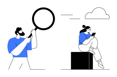 Büyüteç tutan bir adam, tablet kullanan bir kadın, bulutların üstünde oturuyor. Keşif, araştırma, keşif, teknoloji, takım çalışması yeniliği için ideal. Satır metaforu