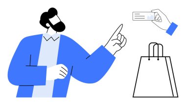 Adamın biri kredi kartı ve alışveriş çantası tutan bir eli işaret ediyor. Çevrimiçi alışveriş, e-ticaret, perakende satış, ödeme süreçleri, tüketici davranışı, pazarlama ve reklam için ideal. Satır metaforu