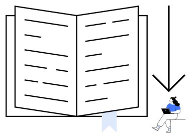 Dizüstü bilgisayarda çalışan kadını gösteren büyük bir okla açılan dev bir kitap, çalışmayı ve öğrenmeyi simgeliyor. Eğitim için ideal, çevrimiçi kurslar, bilgi edinme, araştırma, okur yazarlık, akademik