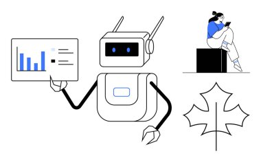 Robot holding chart with data, person looking at smartphone, and maple leaf. Ideal for technology, data analysis, automation, artificial intelligence, modern communication nature education. Line clipart