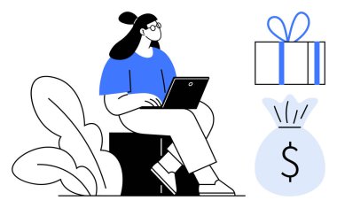 Dizüstü bilgisayarda çalışan bir kadın, hediye kutusu ve para çantasının yanında. E-ticaret, tasarruf, çevrimiçi iş, serbest iş, uzak iş, finansal yönetim tatil alışverişi için ideal. Satır metaforu