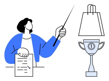 Businesswoman holding checklist, pointing with stick toward shopping bag and trophy. Ideal for business achievement, success, goal setting, planning, motivation, e-commerce presentations. Line clipart