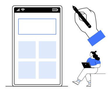 Uygulama düzeni ile cep telefonu arayüzü, el ele tutuşmalar, tablet kullanan kişi. UI UX tasarımı, mobil uygulama geliştirme, dijital yaratıcılık, kullanıcı etkileşimi, teknoloji eğitimi için ideal