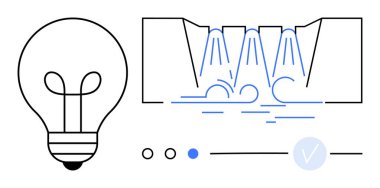 Suyun yanındaki ampul, ayarlar için seçim simgeleriyle akış ve kontrolü gösterir. Enerji verimliliği, su yönetimi, teknoloji, sürdürülebilirlik, mühendislik, akıllı ev için ideal