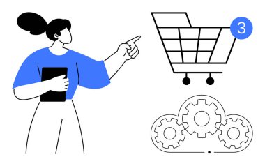 Elinde tablet olan bir kadın, üç eşyayla alışveriş arabasını işaret ediyor, vitesli bulut sunucu sembolü. E-ticaret, çevrimiçi alışveriş, dijital pazarlama, bulut hizmetleri, teknoloji, kullanıcı