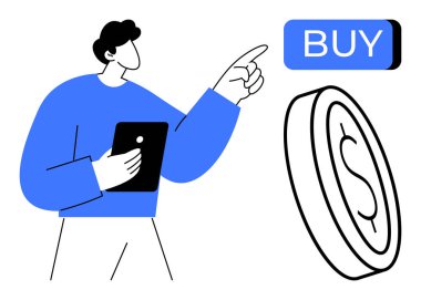 Tablet tutan adam, Buy düğmesine işaret eden, büyük madeni para simgesi. E-ticaret, online alışveriş, dijital işlemler, fintech, müşteri davranışları, tüketici alışkanlıkları, perakende. Satır metaforu