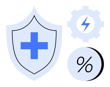 Mavi tıbbi haçlı kalkan, yıldırımlı teçhizat ve yüzde işareti. Sağlık, koruma, verimlilik, enerji, finans, sigorta ve veri analiz konuları için idealdir. Satır metaforu