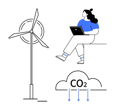 Dizüstü bilgisayarı olan bir kadın rüzgar türbini ve karbondioksit azaltma bulutunun yanında oturuyor. Sürdürülebilirlik, temiz enerji, eğitim, teknoloji, iklim değişikliği, çevre bilinci, yenilenebilir kaynaklar için ideal