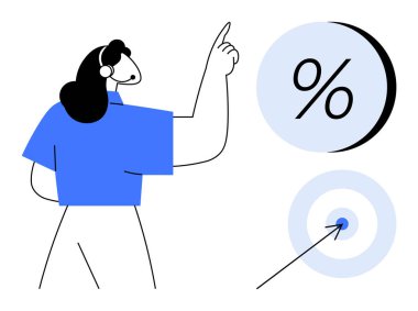 Yüzdelik bir sembolü işaret eden bir kadın. Hedefe bir okla vuruyor. Mali planlama, iş hedefleri, istatistik, analiz, başarı ve eğitim için ideal