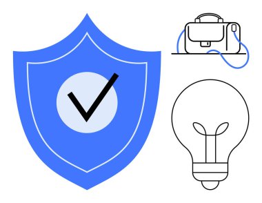 Üzerinde işaret işareti olan mavi bir kalkan, saplı bir evrak çantasının taslağı, ampul simgesi. Güvenlik, iş, yenilik, teknoloji, güvenlik, şirket sunumları, beyin fırtınası oturumları için ideal
