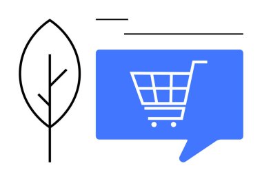 Mavi bir sohbet balonunda, minimalist siyah yaprak ve yatay çizgilerin yanında dijital bir alışveriş arabası ikonu. E-ticaret için ideal, çevrimiçi alışveriş, çevre dostu perakende, müşteri hizmetleri, teknoloji
