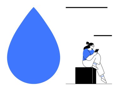 Large blue water drop, woman sitting on box reading tablet, minimalist design. Ideal for water conservation, digital learning, technology, relaxation, health education environment. Line metaphor clipart